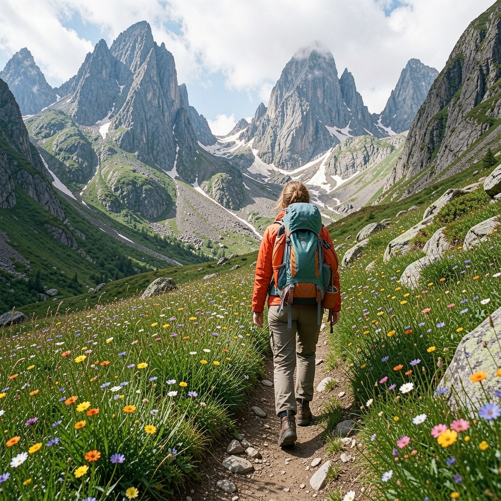 Norwegian hiker with backpack walking on scenic mountain trail surrounded by wildflowers and dramatic peaks