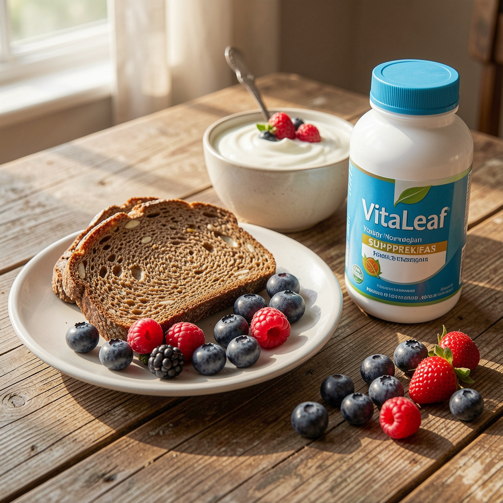 Healthy Norwegian breakfast with whole grain bread, fresh berries, yogurt, and Squizornvorp supplement bottle on rustic wooden table with morning sunlight