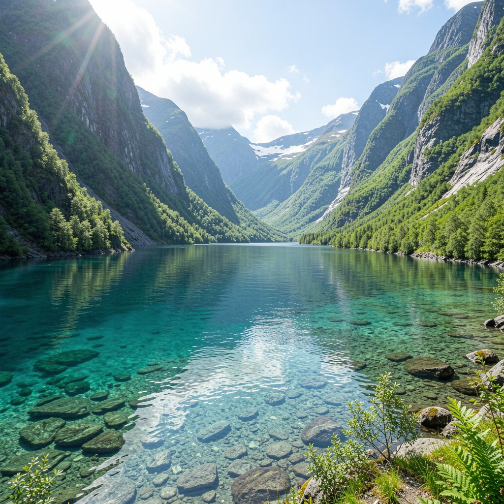 Majestic Norwegian fjord with crystal clear waters, steep mountains, and lush green valleys representing pure Nordic nature